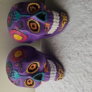 New 2 Skull Decor Halloween Day Of The Dead Colorful 4.2" Skulls Purple 2 Pair